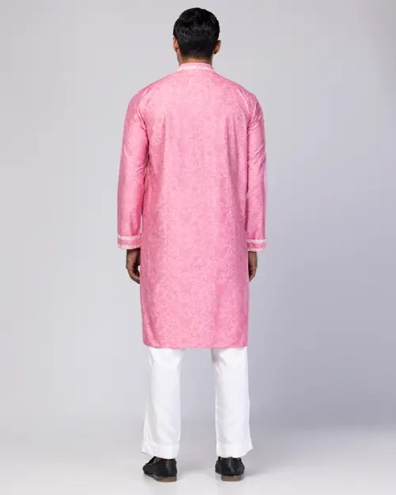 Pink Printed and Embroidered Joysree Silk Panjabi - Alternate view 1 showing  color