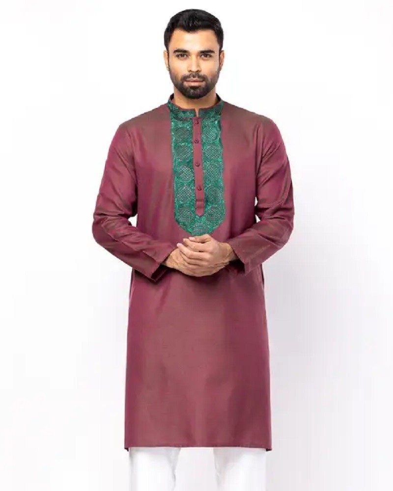 Plum Embroidered Viscose-Cotton Panjabi - Main view showing full design