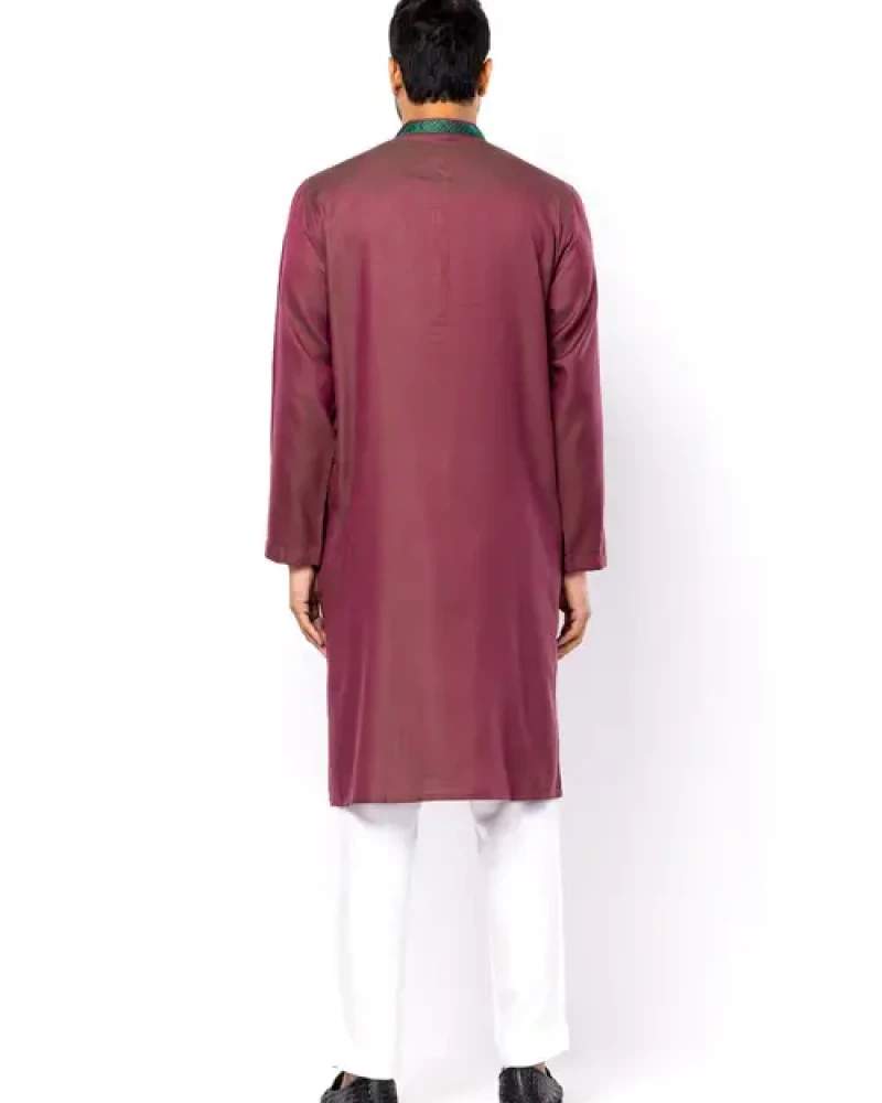 Plum Embroidered Viscose-Cotton Panjabi - Alternate view 1 showing  color