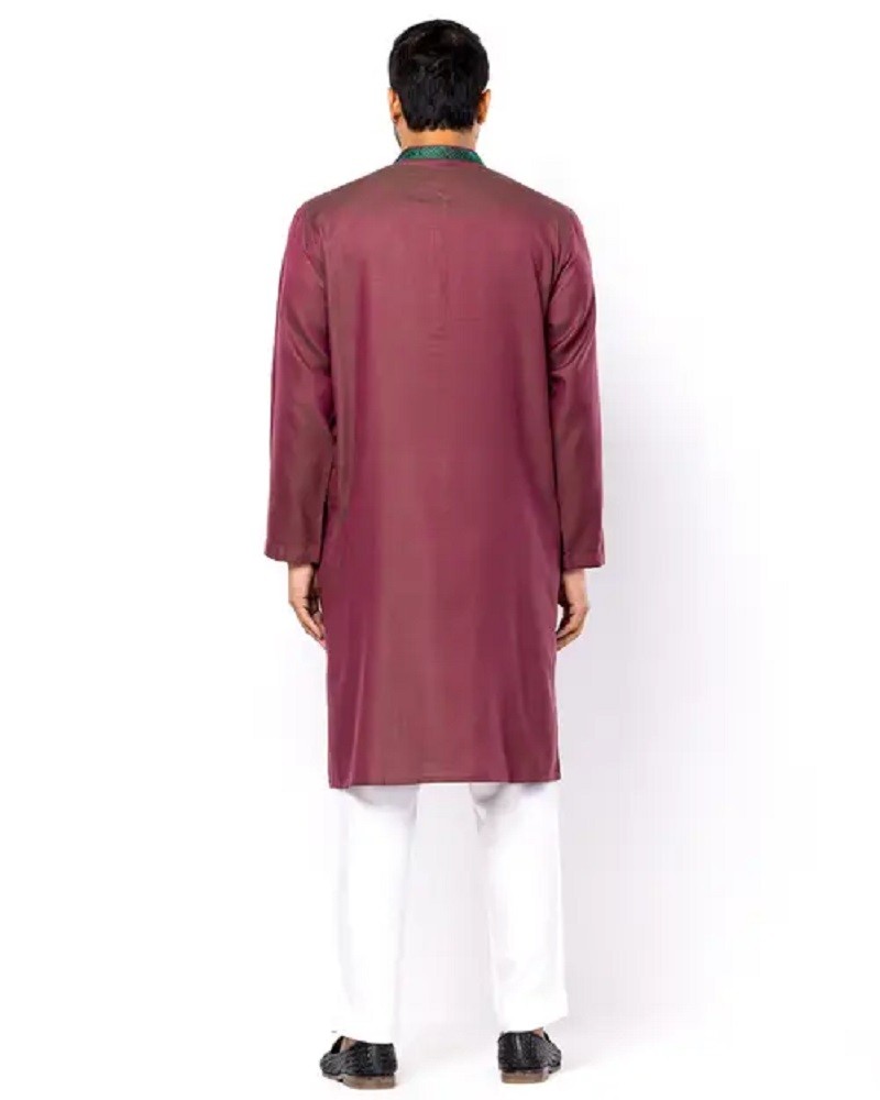 Plum Embroidered Viscose-Cotton Panjabi - Alternate view 2 showing  color