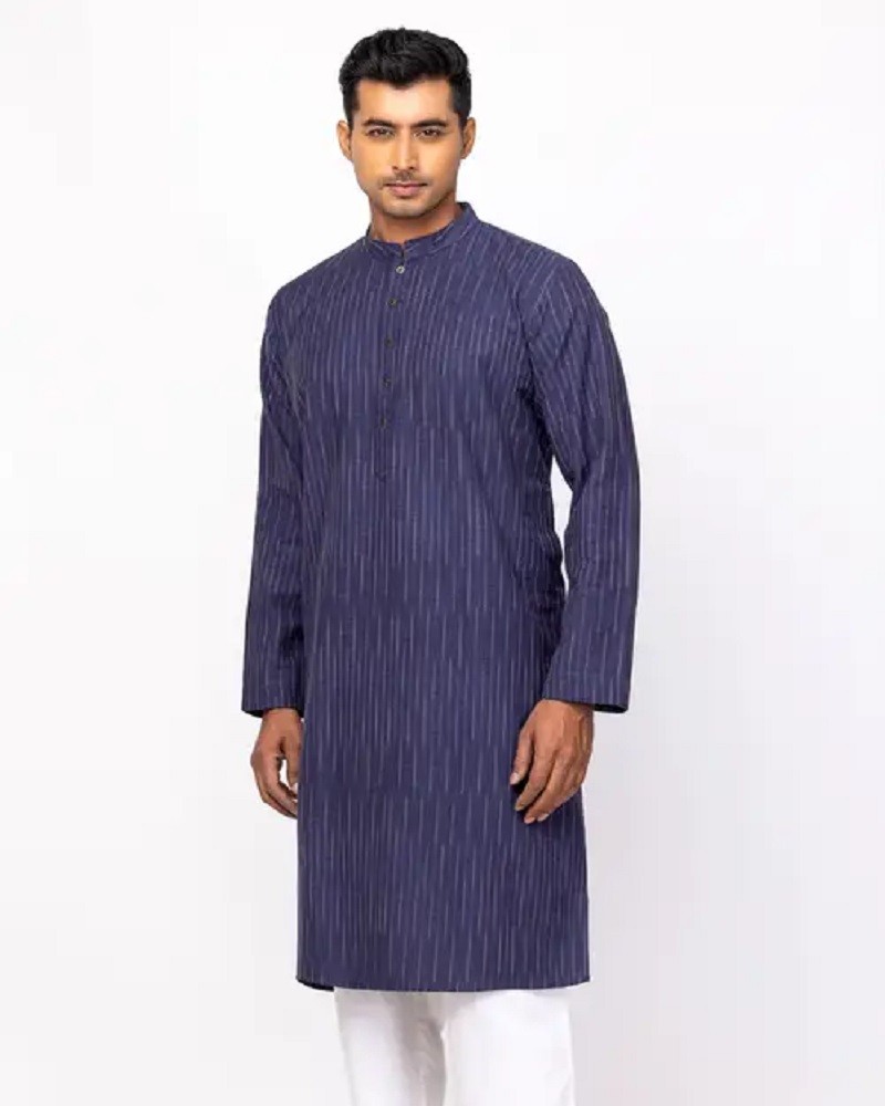 Midnight Blue Printed Viscose-Cotton Panjabi - Main view showing full design