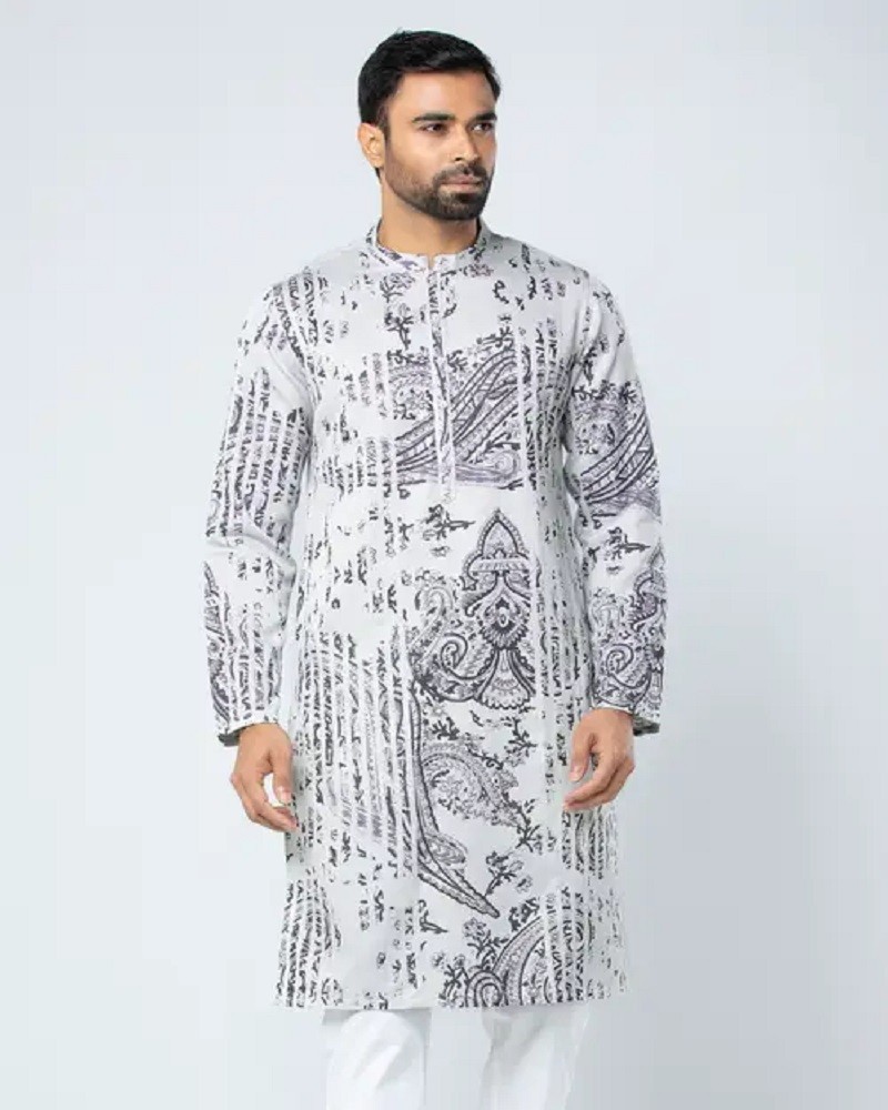 Ice Grey Printed Viscose-Cotton Slim Fit Panjabi - Main view showing full design