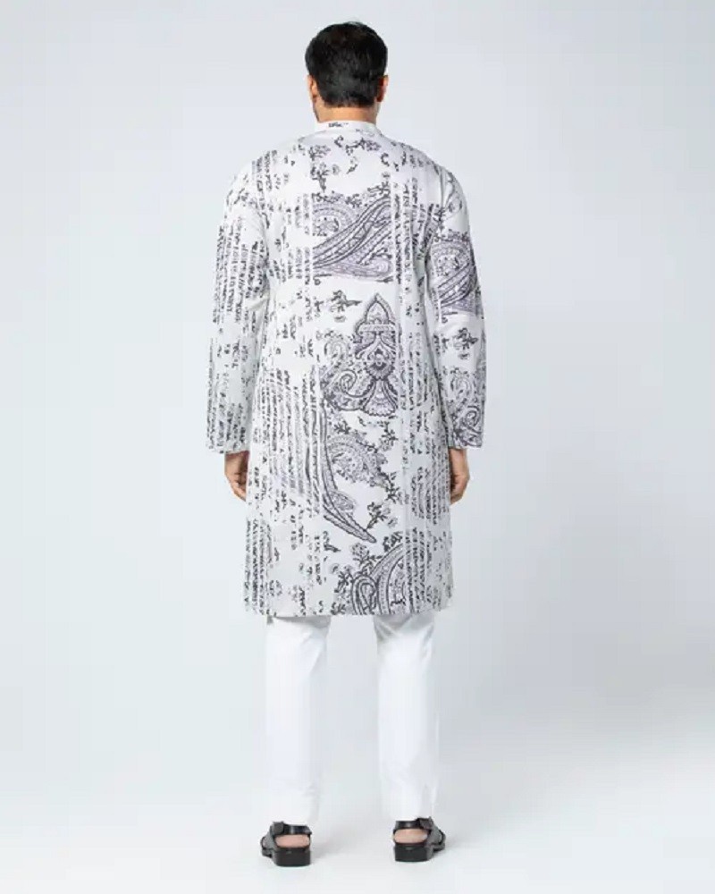 Ice Grey Printed Viscose-Cotton Slim Fit Panjabi - Alternate view 1 showing  color