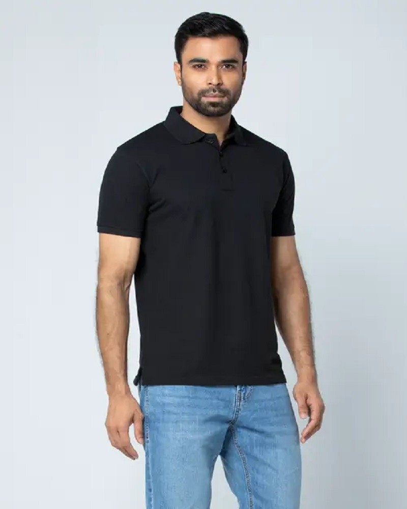 Black Mixed Cotton Polo Shirt - Main view showing full design
