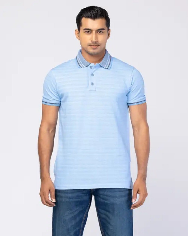 Sky Blue Mixed Cotton Polo Shirt - Main view showing full design