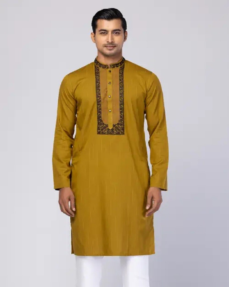 Brown Embroidered and Printed Viscose-Cotton Slim Fit Panjabi - Main view showing full design