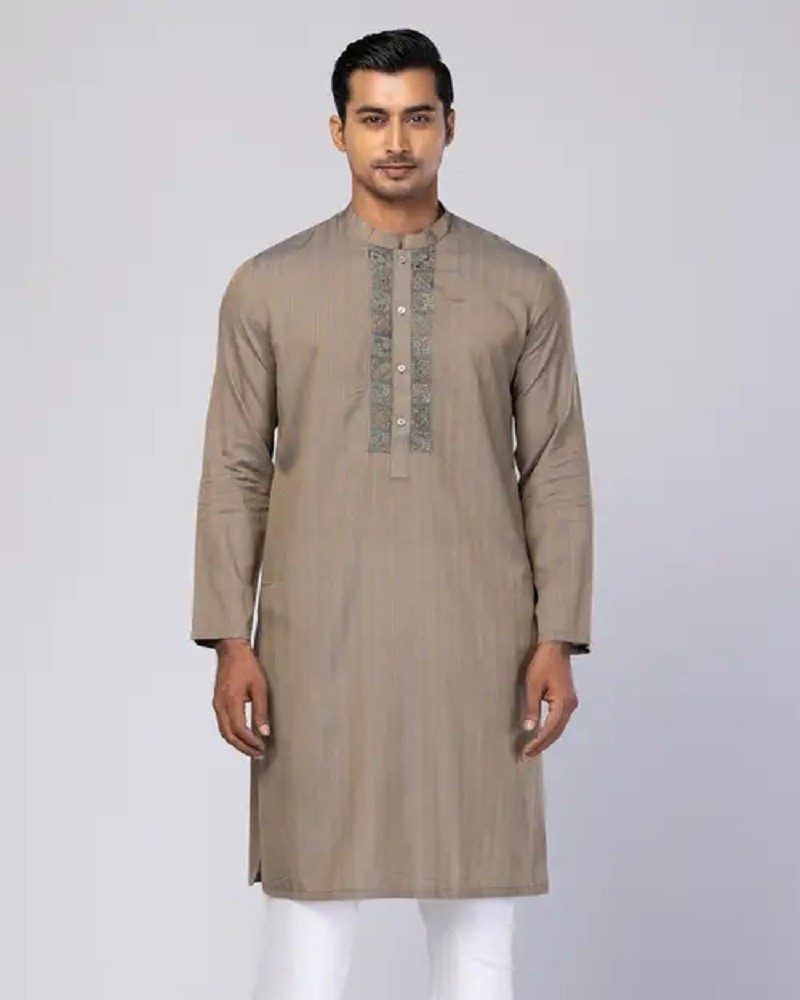 Brown Embroidered and Printed Viscose-Cotton Slim Fit Panjabi - Alternate view 3 showing Grey color