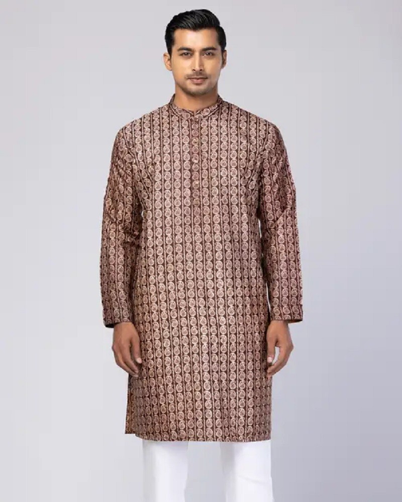 Brown Embroidered and Printed Viscose-Cotton Slim Fit Panjabi - Alternate view 2 showing Pech color
